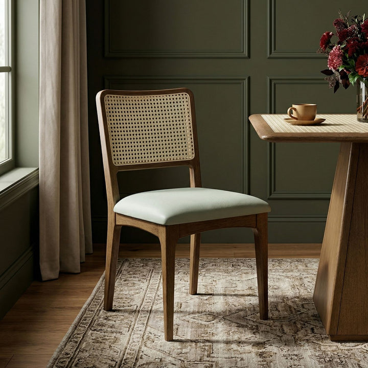 Atrium Cane Back And Vegan Leather Upholstered Seat Dining Chair — Mint / Brushed Brown