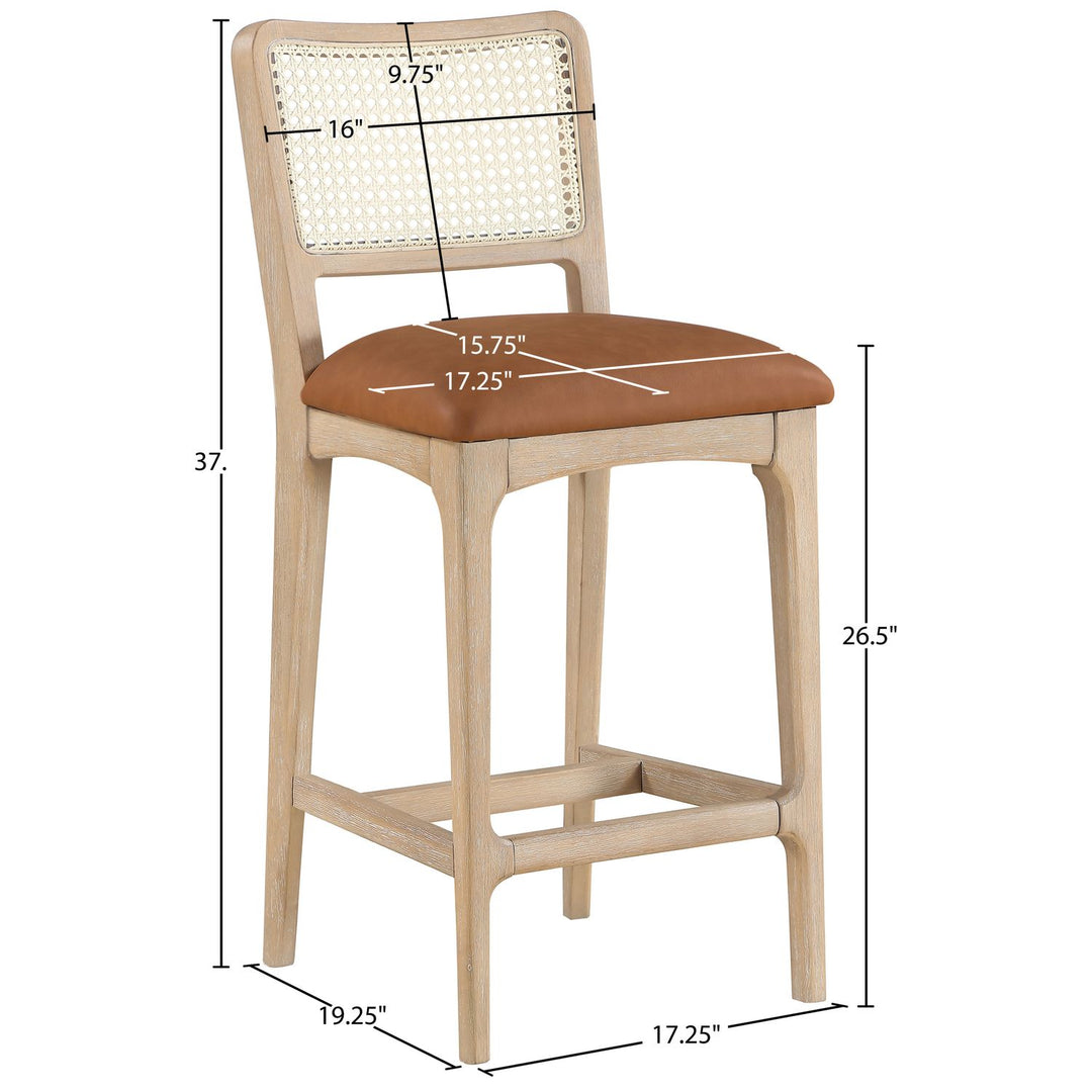 Atrium Cane Back And Vegan Leather Upholstered Seat Counter Stool — Cognac / Brushed Natural / White Cerusing