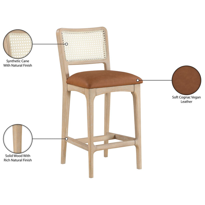 Atrium Cane Back And Vegan Leather Upholstered Seat Counter Stool — Cognac / Brushed Natural / White Cerusing