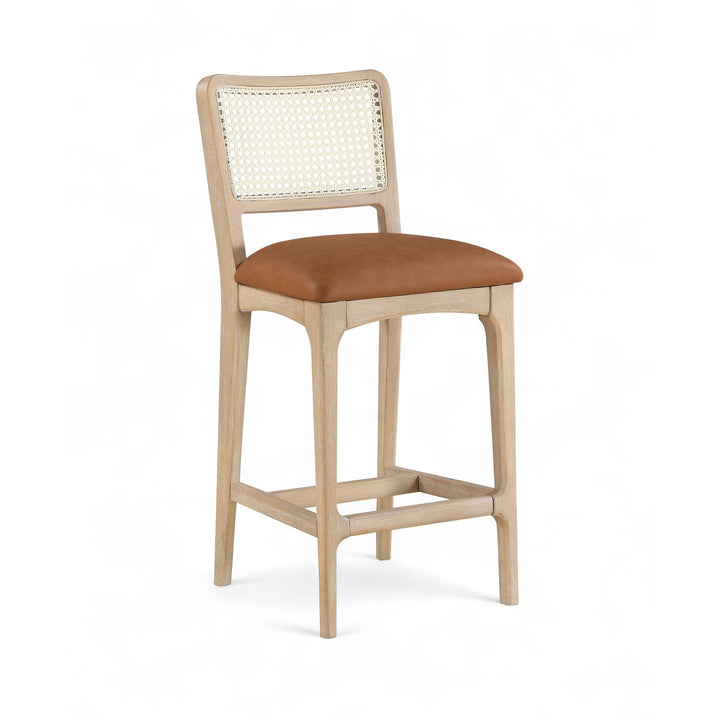 Atrium Cane Back And Vegan Leather Upholstered Seat Counter Stool — Cognac / Brushed Natural / White Cerusing