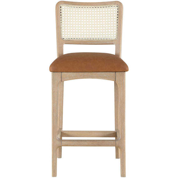 Atrium Cane Back And Vegan Leather Upholstered Seat Counter Stool — Cognac / Brushed Natural / White Cerusing