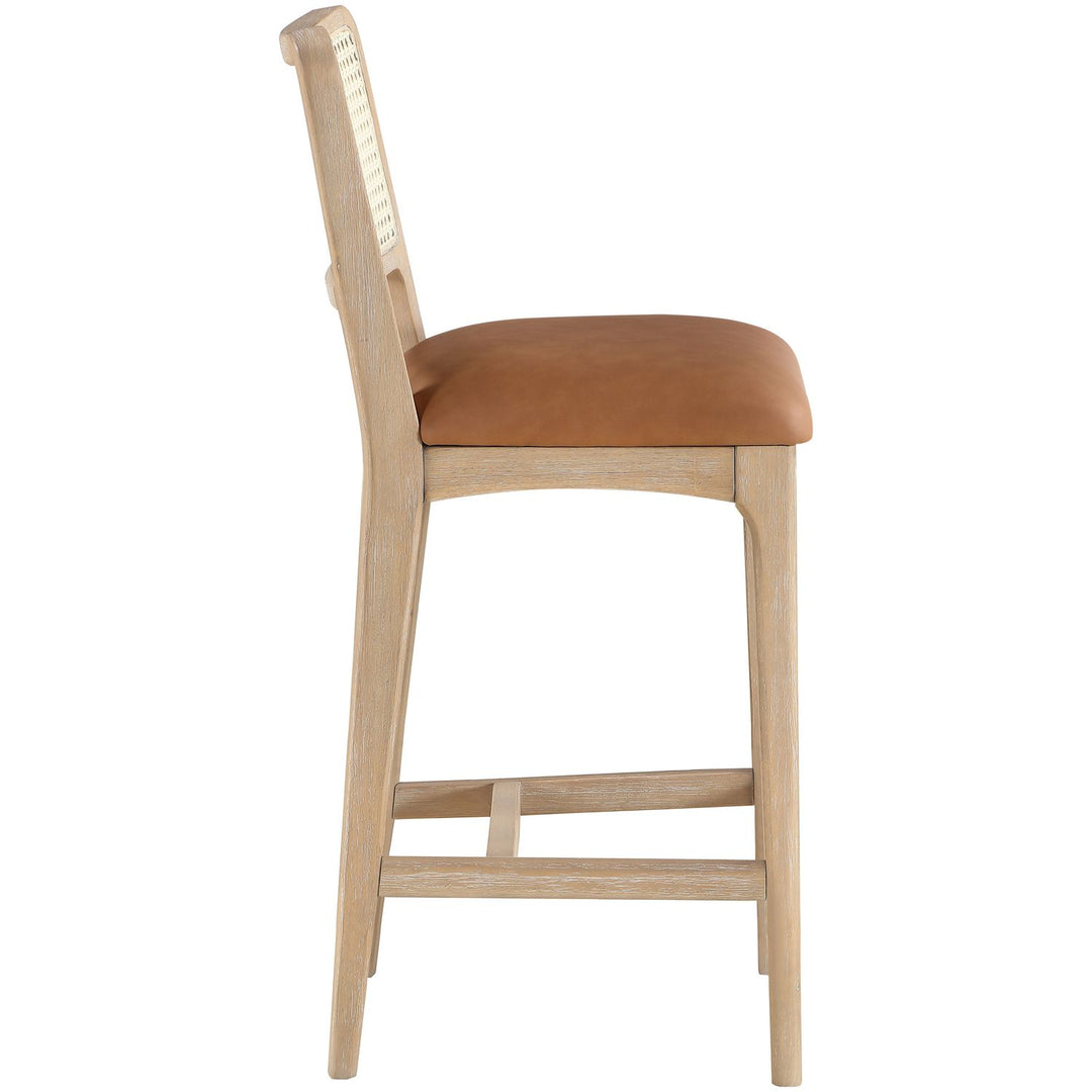 Atrium Cane Back And Vegan Leather Upholstered Seat Counter Stool — Cognac / Brushed Natural / White Cerusing