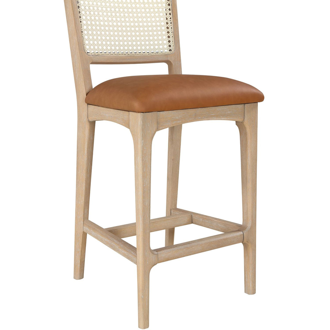 Atrium Cane Back And Vegan Leather Upholstered Seat Counter Stool — Cognac / Brushed Natural / White Cerusing