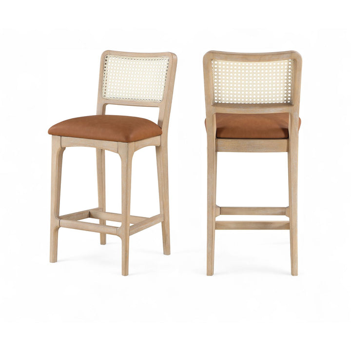 Atrium Cognac Cane Back And Vegan Leather Upholstered Seat Counter Stool