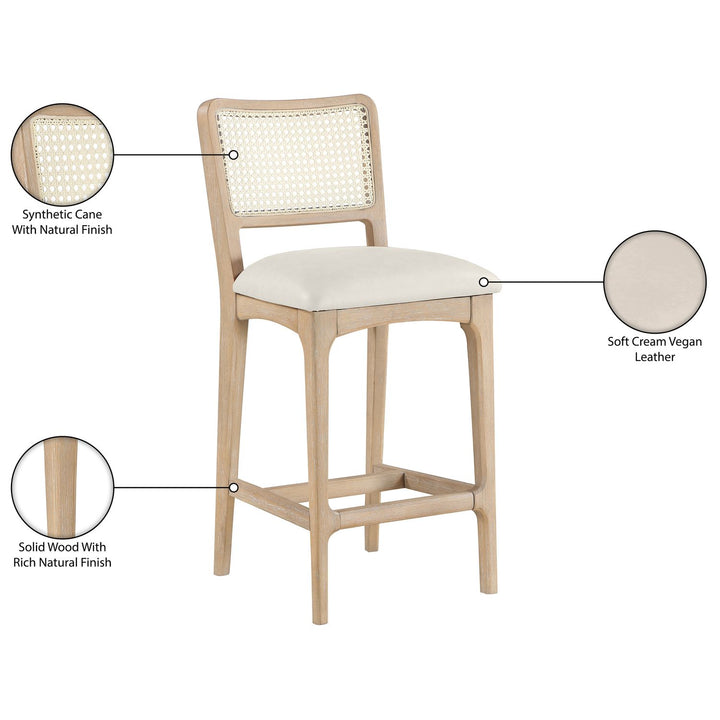 Atrium Cane Back And Vegan Leather Upholstered Seat Counter Stool — Cream / Brushed Natural / White Cerusing