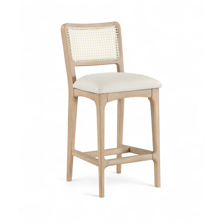 Atrium Cane Back And Vegan Leather Upholstered Seat Counter Stool — Cream / Brushed Natural / White Cerusing