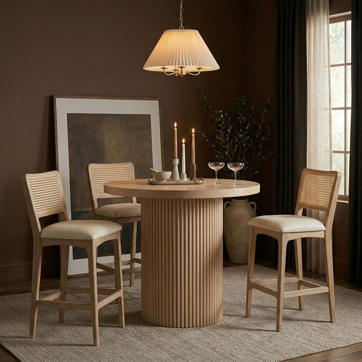 Atrium Cane Back And Vegan Leather Upholstered Seat Counter Stool — Cream / Brushed Natural / White Cerusing