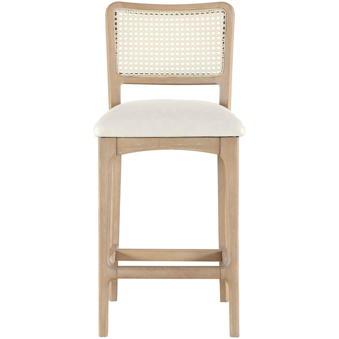 Atrium Cane Back And Vegan Leather Upholstered Seat Counter Stool — Cream / Brushed Natural / White Cerusing