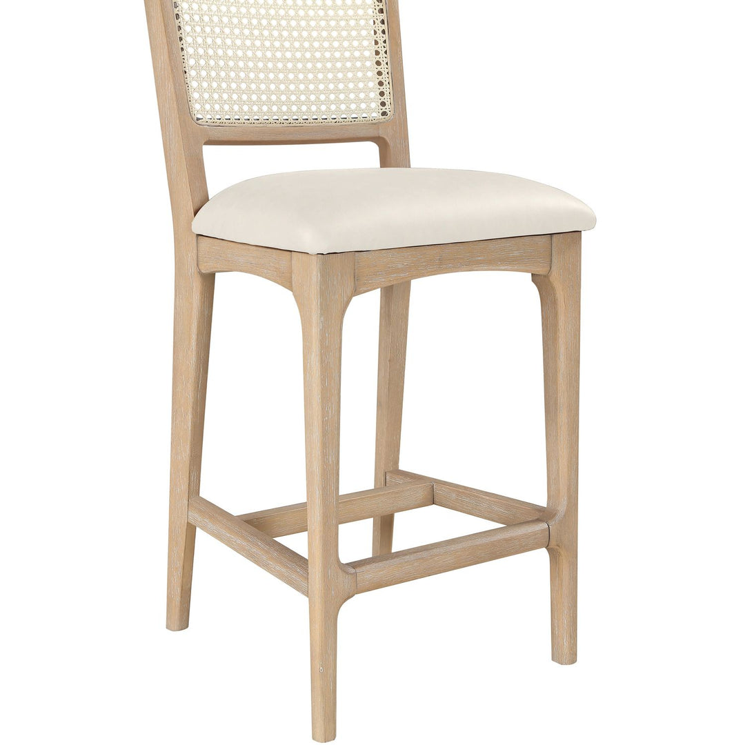 Atrium Cane Back And Vegan Leather Upholstered Seat Counter Stool — Cream / Brushed Natural / White Cerusing