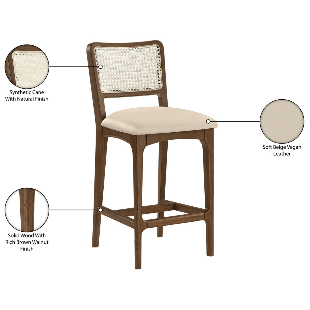 Atrium Cane Back And Vegan Leather Upholstered Seat Counter Stool — Beige / Brushed Brown