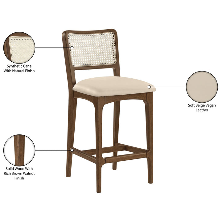 Atrium Cane Back And Vegan Leather Upholstered Seat Counter Stool — Beige / Brushed Brown