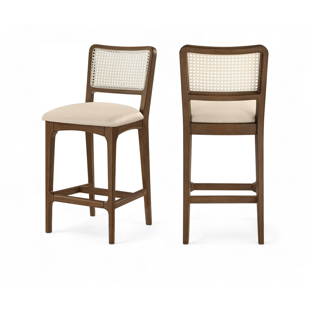Atrium Beige Cane Back And Vegan Leather Upholstered Seat Counter Stool