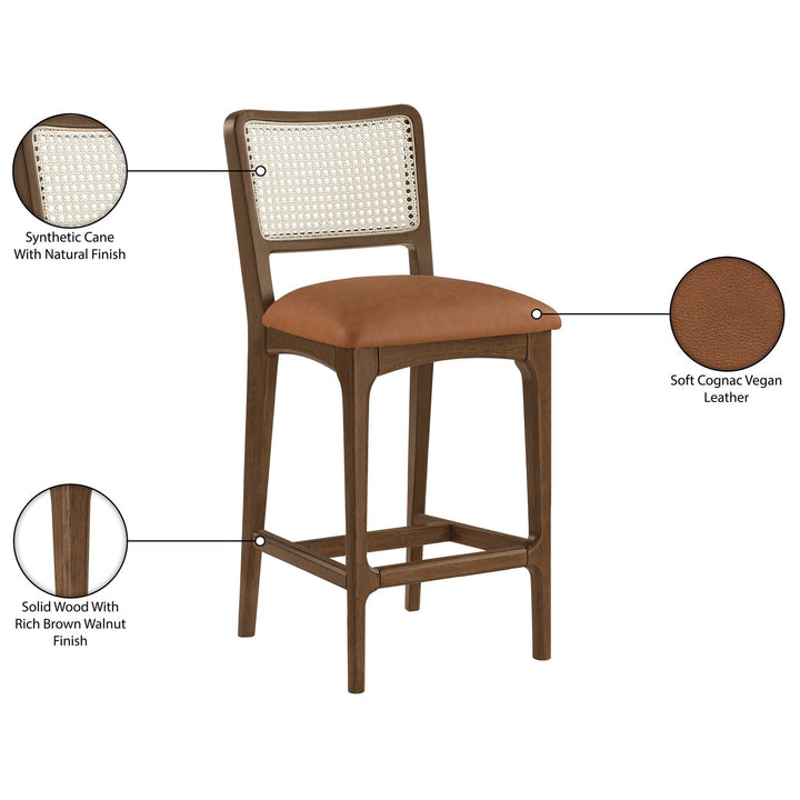 Atrium Cane Back And Vegan Leather Upholstered Seat Counter Stool — Cognac / Brushed Brown