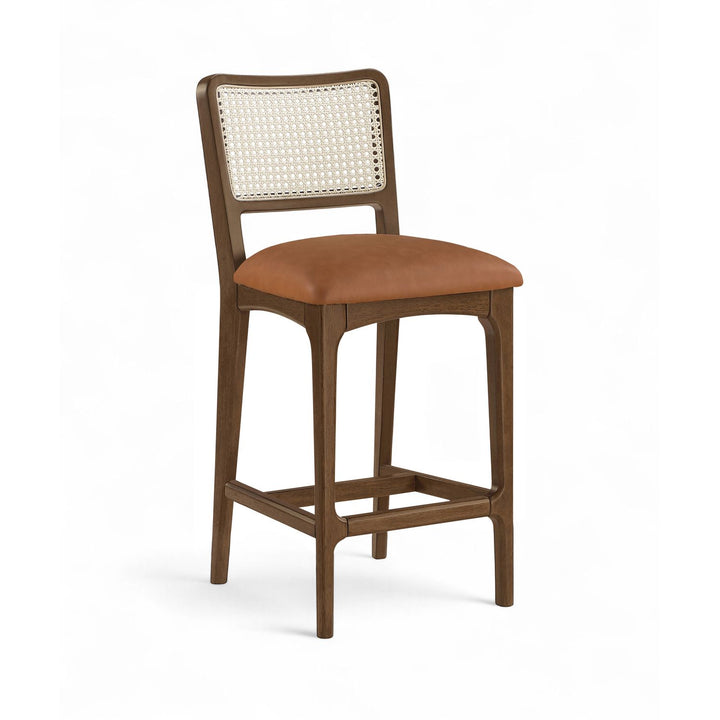 Atrium Cane Back And Vegan Leather Upholstered Seat Counter Stool — Cognac / Brushed Brown