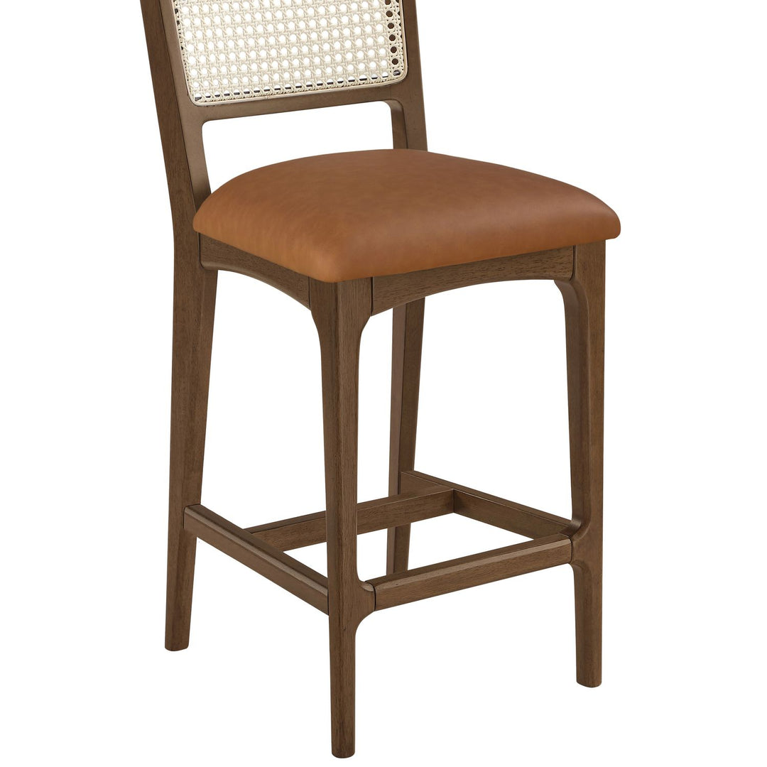 Atrium Cane Back And Vegan Leather Upholstered Seat Counter Stool — Cognac / Brushed Brown