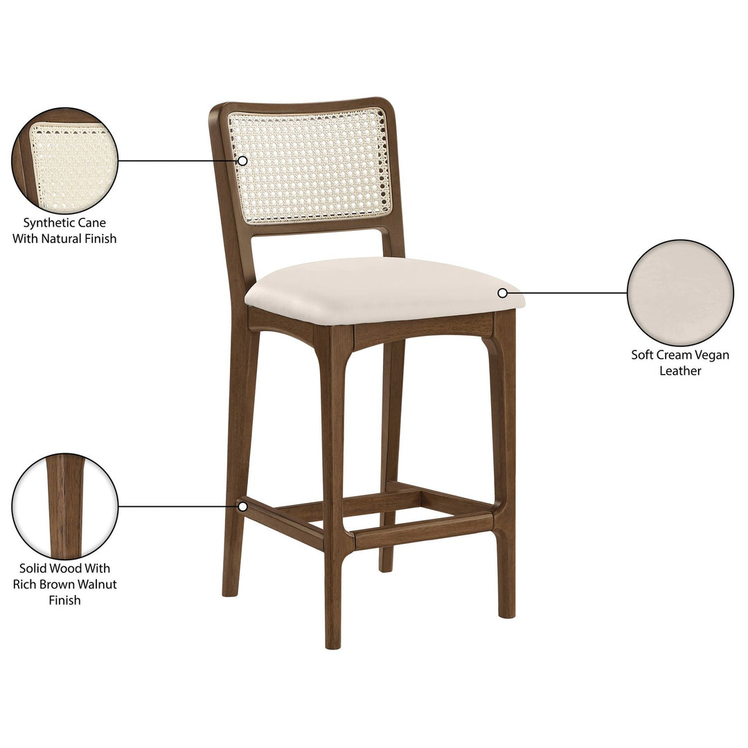 Atrium Cane Back And Vegan Leather Upholstered Seat Counter Stool — Cream / Brushed Brown