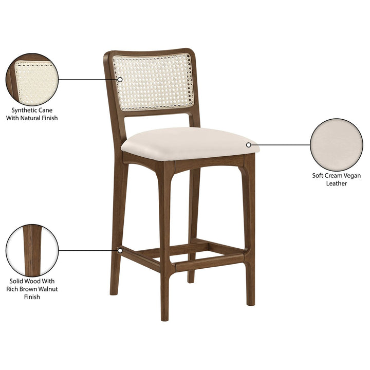 Atrium Cane Back And Vegan Leather Upholstered Seat Counter Stool — Cream / Brushed Brown
