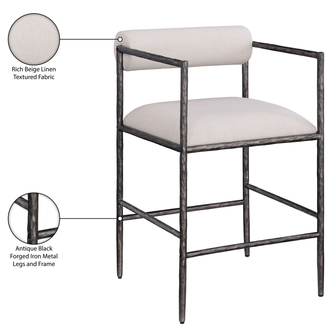 Axis Linen Textured Fabric Upholstered Counter Stool — Beige / Powder Coated Antique Black