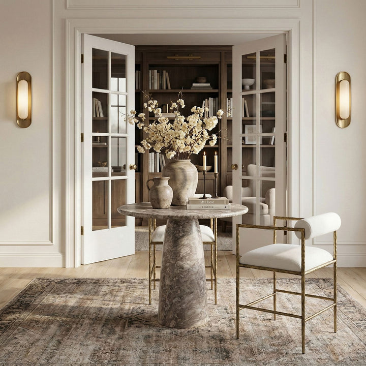 Axis Linen Textured Fabric Upholstered Counter Stool — Cream / Powder Coated Brushed Brass