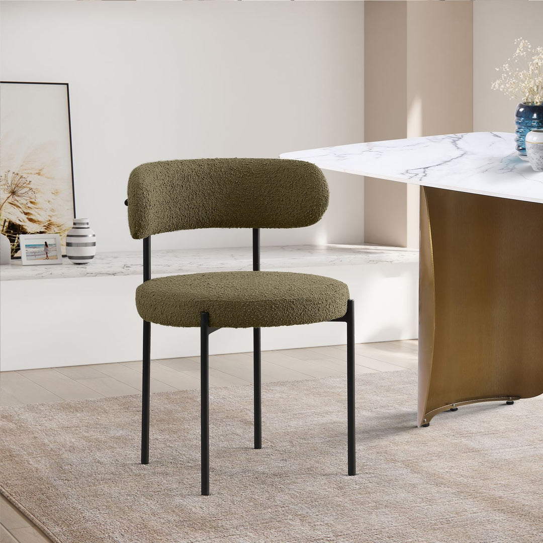Beacon Boucle Fabric Upholstered Dining Chair — Olive Green / Matte Black