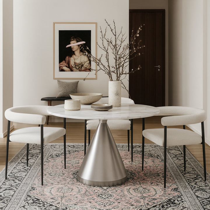 Emery Genuine Marble Top And Steel Base Dining Table — White / Brushed Silver