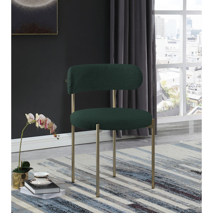 Beacon Boucle Fabric Upholstered Dining Chair — Green / Brushed Brass