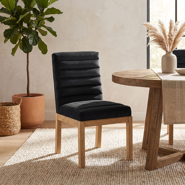 Evelyn Velvet Upholstered Dining Chair — Black / Stained Natural