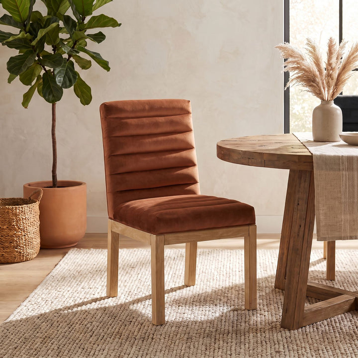 Evelyn Velvet Upholstered Dining Chair — Cognac / Stained Natural