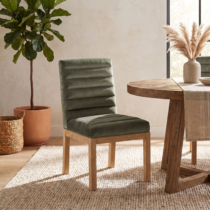 Evelyn Velvet Upholstered Dining Chair — Green / Stained Natural