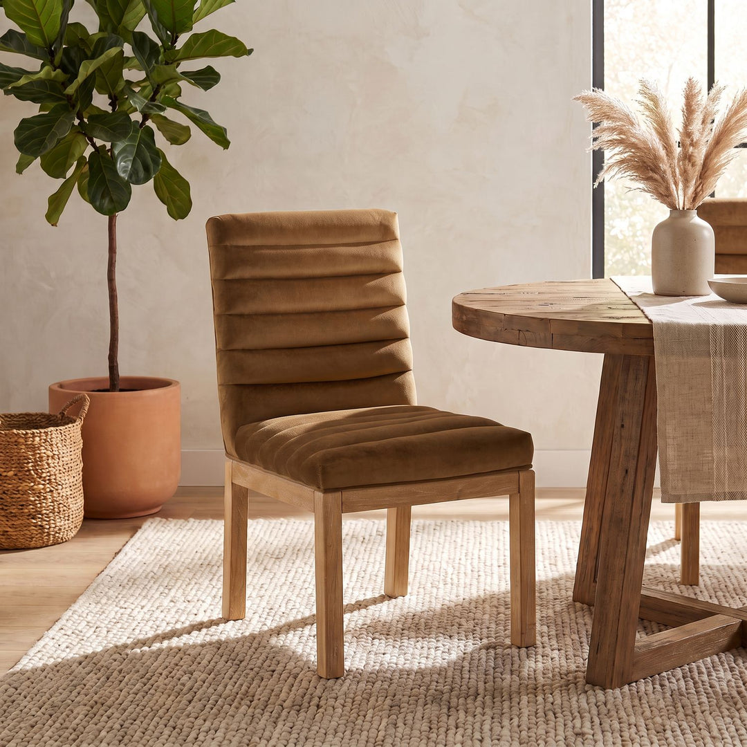 Evelyn Velvet Upholstered Dining Chair — Saddle / Stained Natural