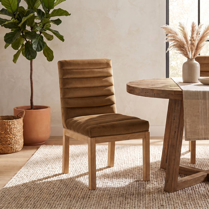 Evelyn Velvet Upholstered Dining Chair — Saddle / Stained Natural