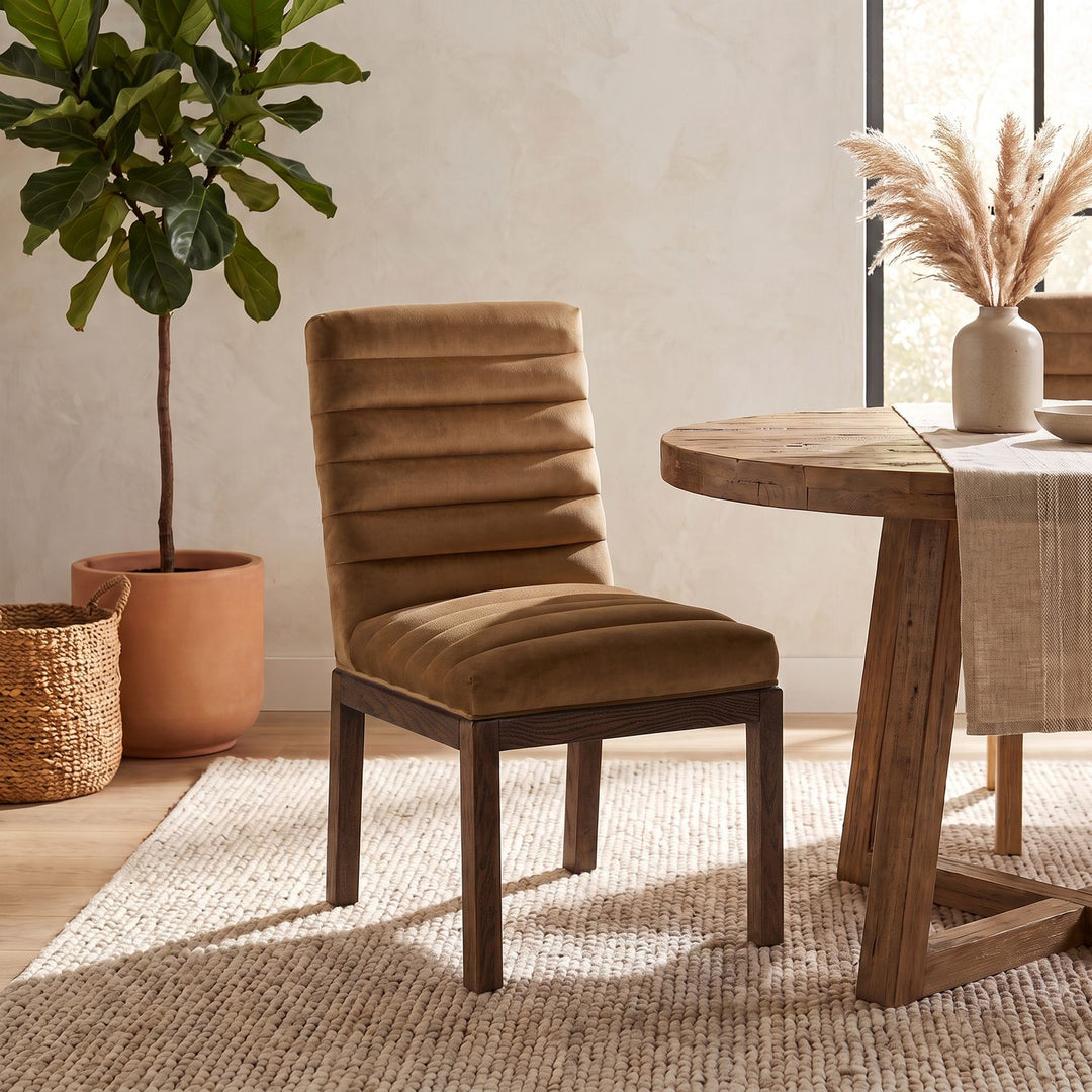 Evelyn Velvet Upholstered Dining Chair — Saddle / Stained Walnut