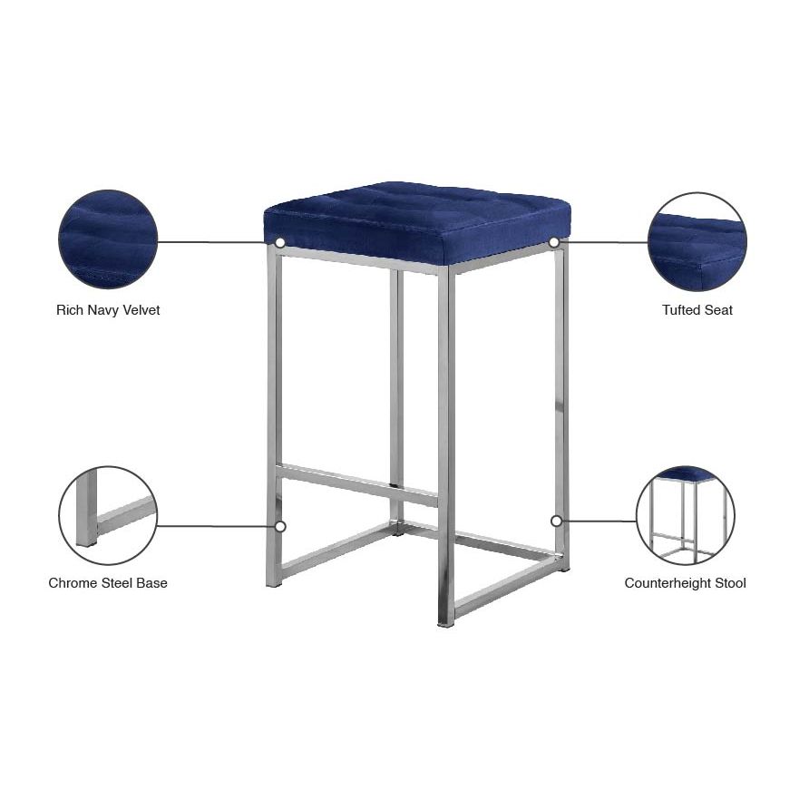Nicola Velvet Upholstered Counter Stool — Navy / Silver