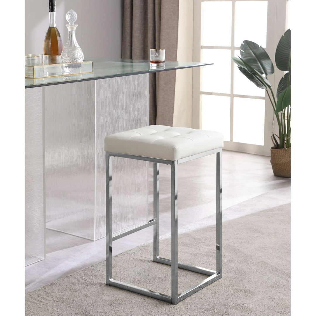 Nicola Vegan Leather Upholstered Counter Stool — White / Silver