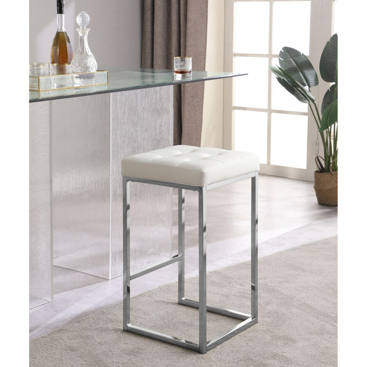Nicola Vegan Leather Upholstered Counter Stool — White / Silver