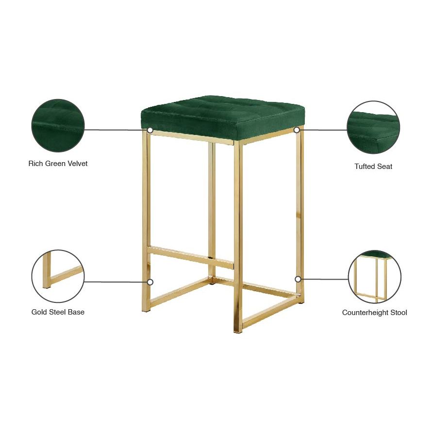 Nicola Velvet Upholstered Counter Stool — Green / Gold