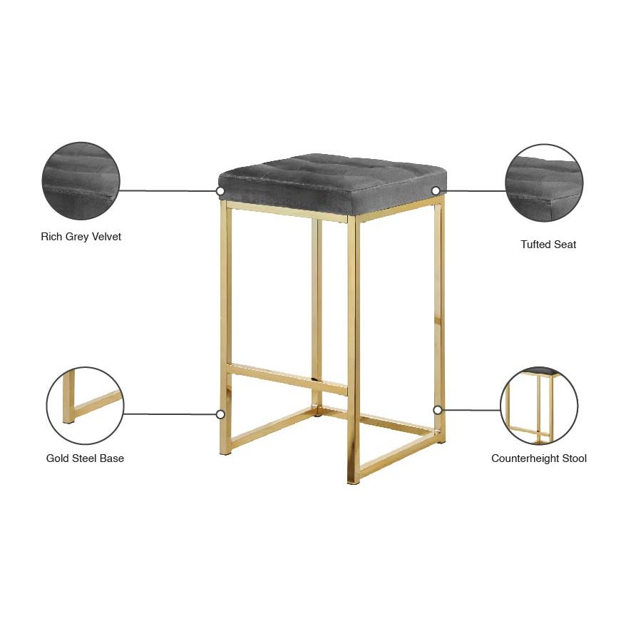 Nicola Velvet Upholstered Counter Stool — Grey / Gold