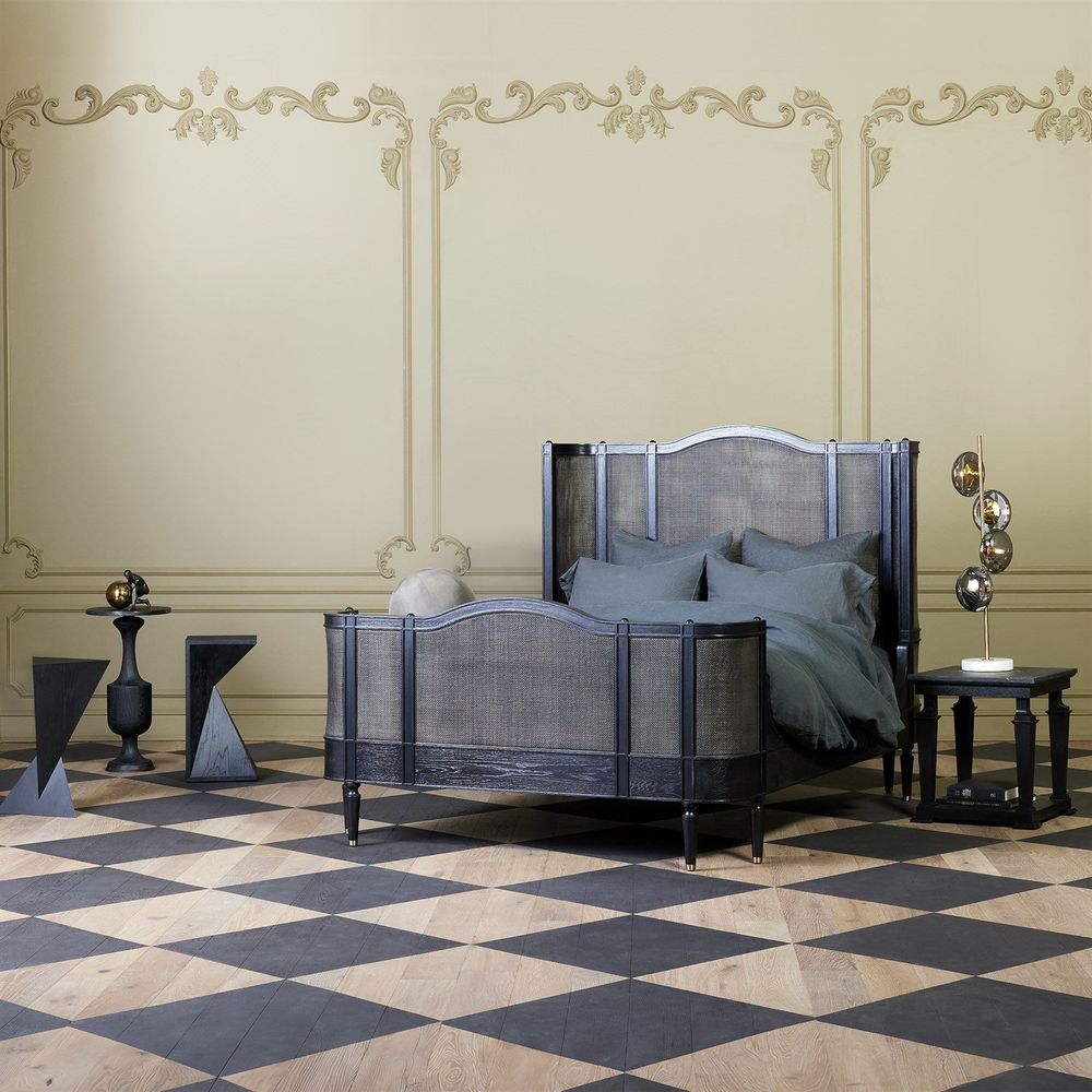Additional view of Josephine Queen Bed-Blackened Oak, featuring matte wood finish, oak, cane, and integrated tall headboard.