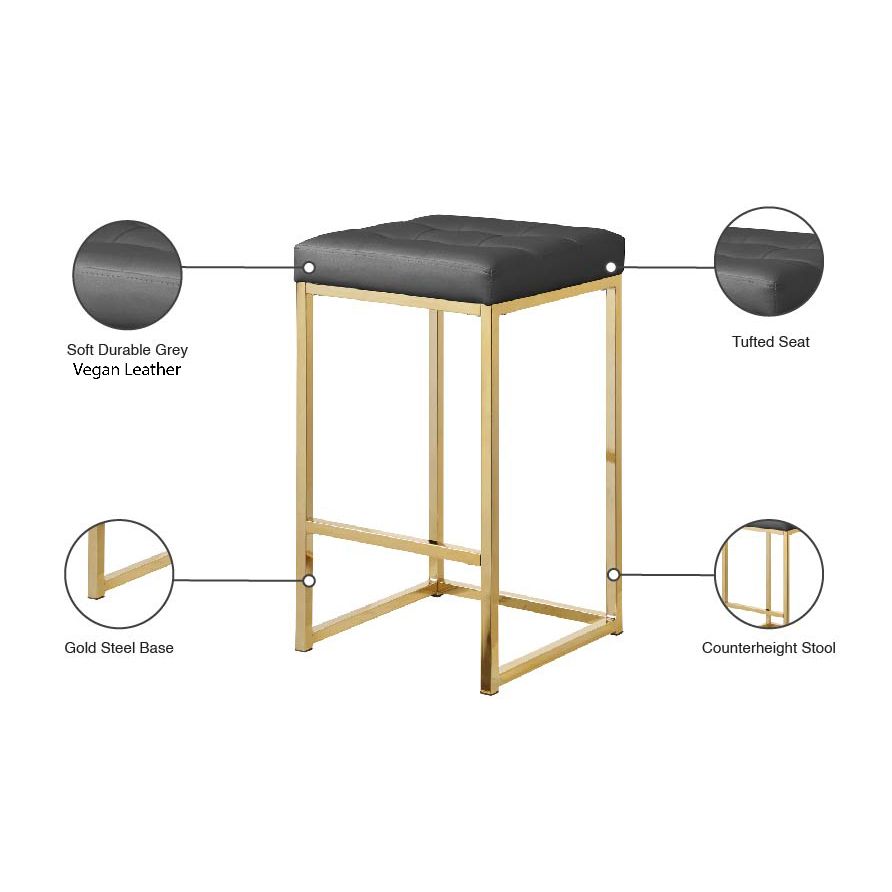 Nicola Vegan Leather Upholstered Counter Stool — Grey / Gold