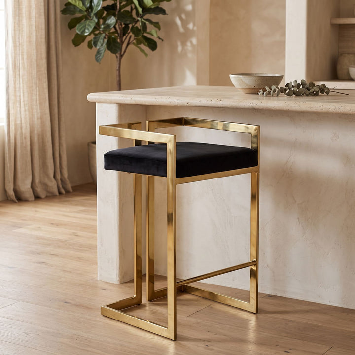 Ezra Velvet Upholstered Counter Stool — Black / Gold