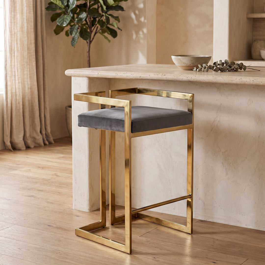 Ezra Velvet Upholstered Counter Stool — Grey / Gold