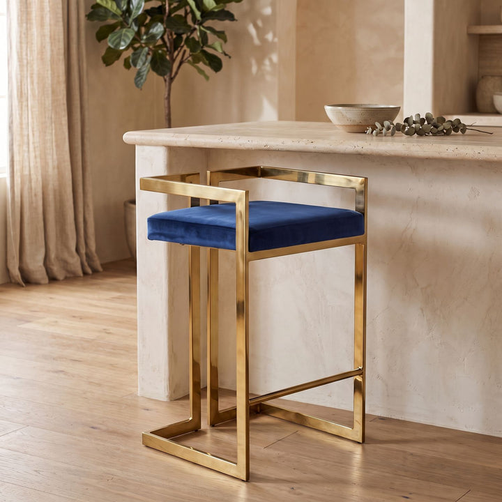Ezra Velvet Upholstered Counter Stool — Navy / Gold