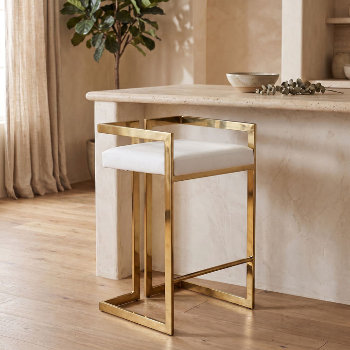 Ezra Vegan Leather Upholstered Counter Stool — White / Gold