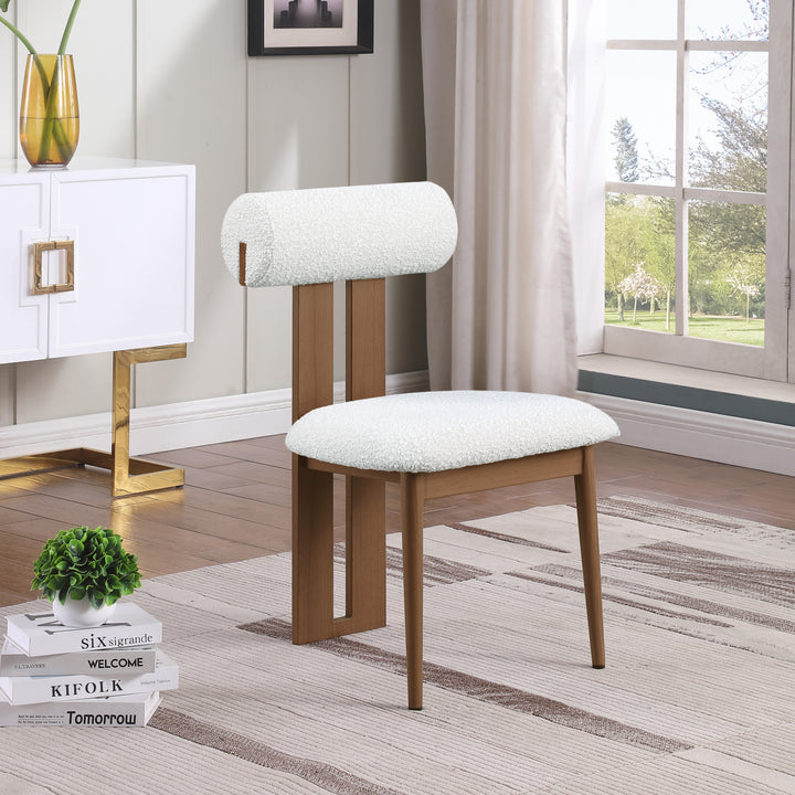 Dario Boucle Fabric Upholstered Dining Chair — Cream / Walnut