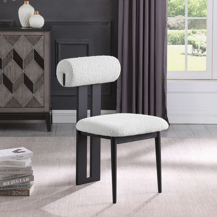 Dario Boucle Fabric Upholstered Dining Chair — Cream / Matte Black