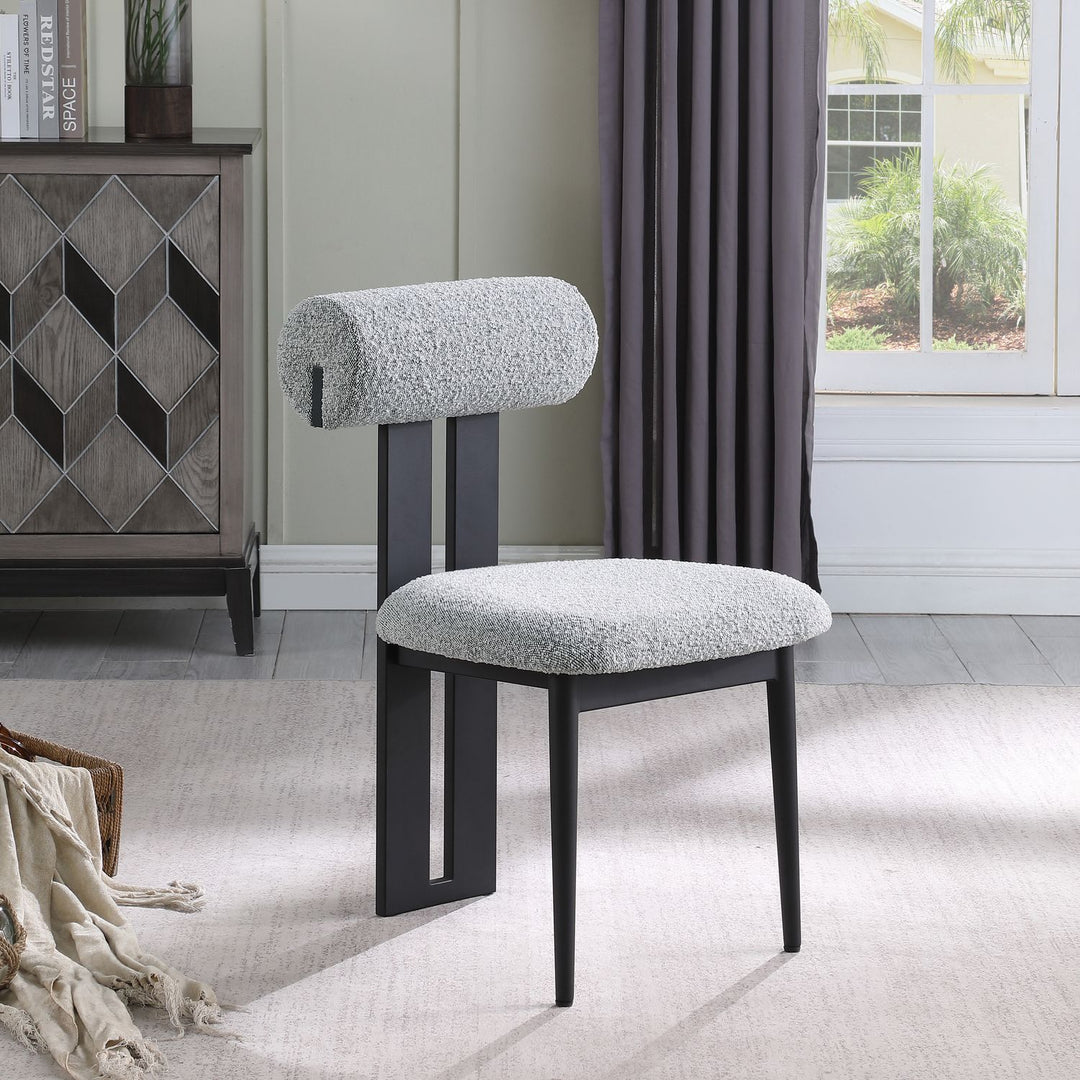 Dario Boucle Fabric Upholstered Dining Chair — Grey / Matte Black
