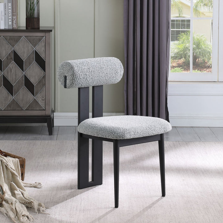 Dario Boucle Fabric Upholstered Dining Chair — Grey / Matte Black