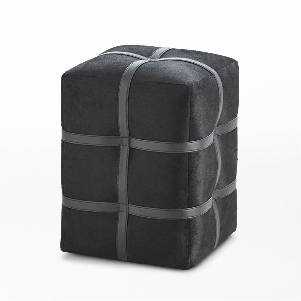 Poufs Belted Poof-Black Hair on Hide Leather
