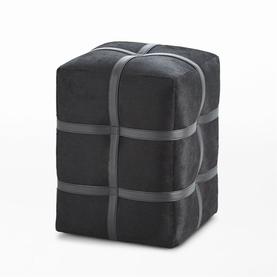 Poufs Belted Poof-Black Hair on Hide Leather
