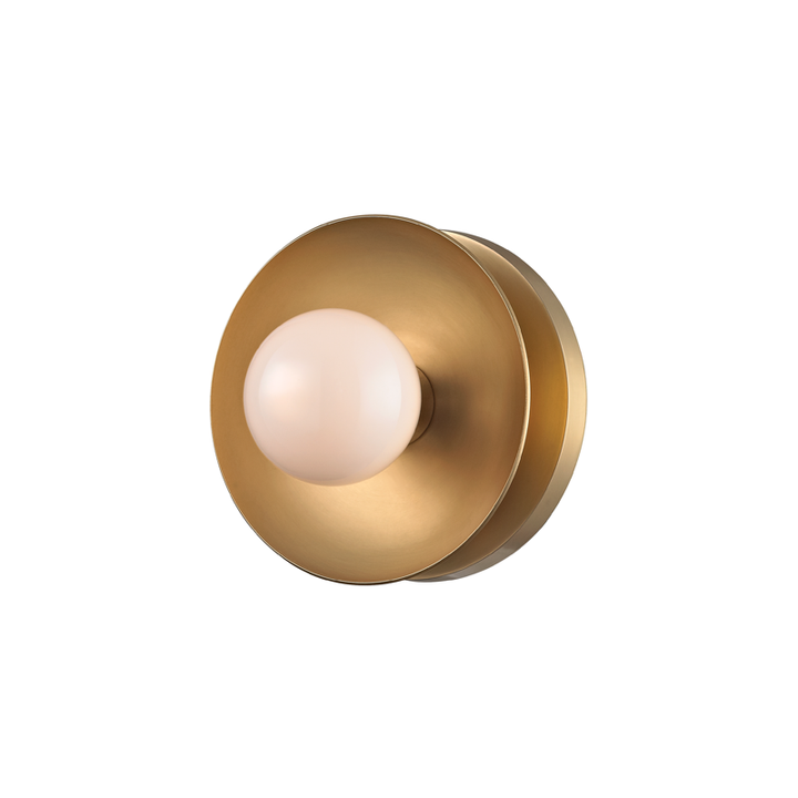 Julien 1 Light Bath Bracket, shown in brass gold and warm white with metal, glass, and wall-mounting hardware.
